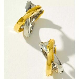 Anthropologie Twisted Mixed Metal Hoop Earrings gold /silver cross over